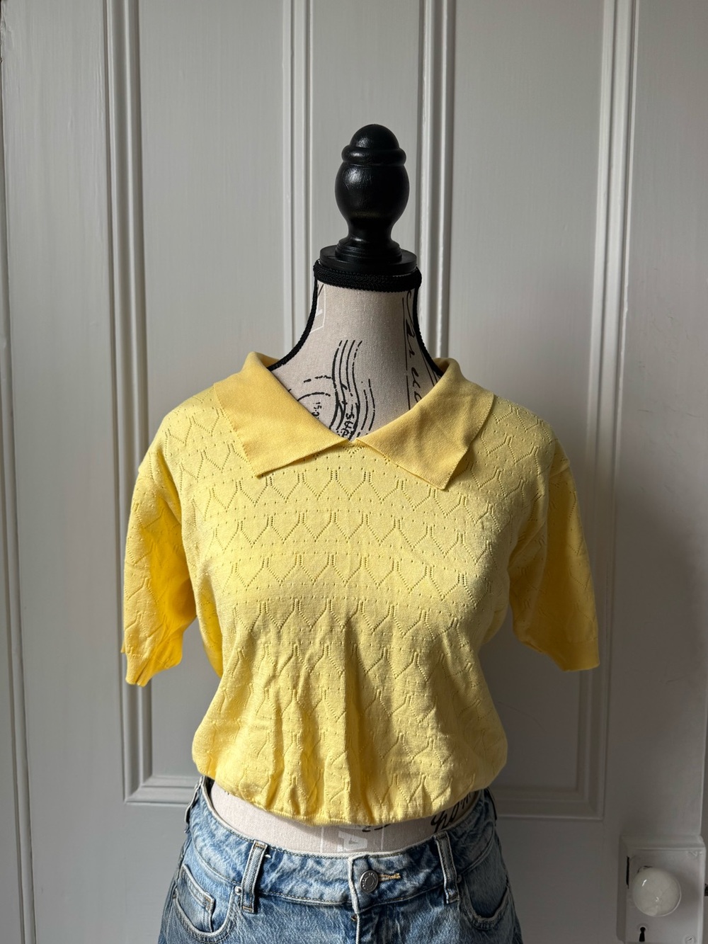 Zara Pointelle Knit Yellow Polo Top